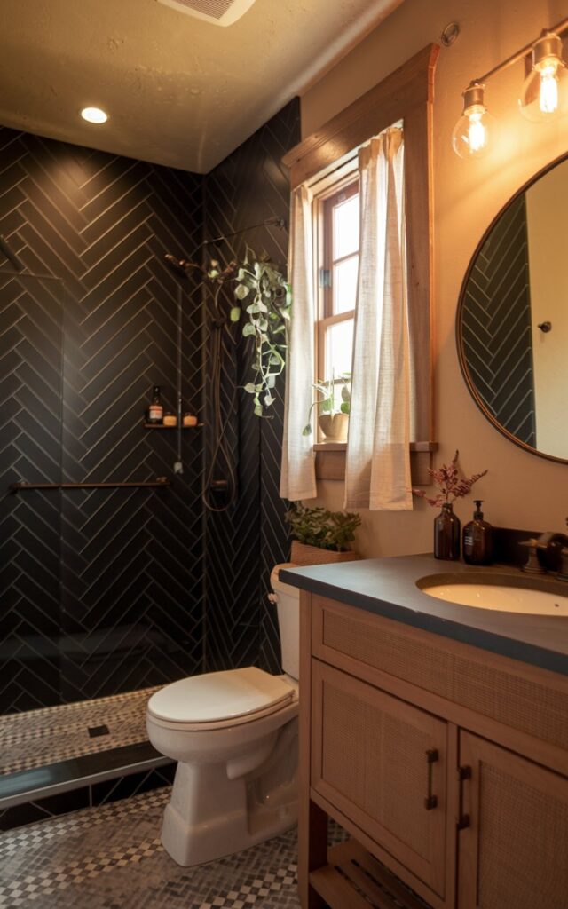 A warm and rustic bathroom with a matte black herringbone pattern tile in the shower zone, differentiating it from the rest of the bathroom space. The bathroom features a toilet, a vanity with a round mirror and brushed gold fixtures, a curtained window, and a few plants. The space has warm lighting.