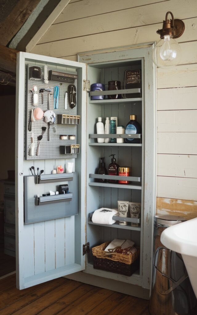 A rustic style bathroom with a cabinet inside the door. The cabinet has a magnetic strip to hold items like bobby pins, tweezers, and nail clippers. The cabinet contains essential items such as soap, shampoo, and a toothbrush. The bathroom has a wooden floor and a vintage light fixture.