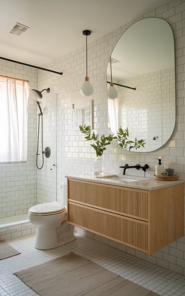 A photo of a serene Japandi-style bathroom with a large, frameless mirror installed flush directly onto a white subway tile wall. The tiles have a subtle matte finish with clean grout lines, creating a seamless and minimalist backdrop. Natural wood accents, like a floating wooden vanity and bamboo accessories, add warmth and texture. Soft, neutral tones—beige, cream, and muted greens—dominate the space. Simple black matte fixtures and greenery complete the calm, balanced, and effortlessly elegant Japandi aesthetic. The bathroom has a toilet, shower area, curtained window, floor rug, and pendant light with light on.