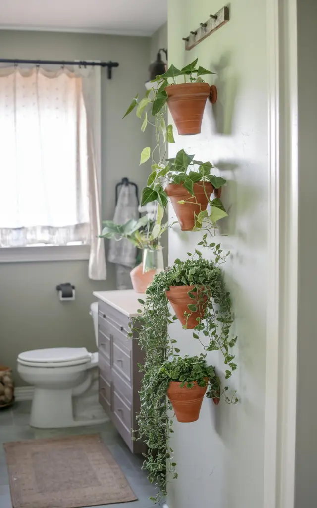 A photo of a serene bathroom wall adorned with a few terracotta pots mounted in staggered rows or hung from rustic hooks. Each pot is overflowing with trailing greenery like pothos, ivy, or string-of-pearls. The unglazed clay pots bring an earthy, organic feel. The bathroom has a toilet, vanity, curtained window, floor rug, etc. Natural light is soft, ambient.