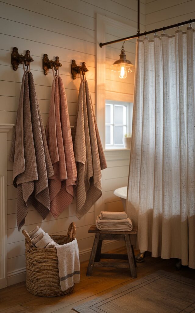 A serene farmhouse bathroom with a warm and cozy atmosphere. There are waffle-weave towels in muted earth tones hanging on antique hooks. A linen shower curtain in natural beige is swaying gently on a window. The space has warm wooden floors, shiplap walls, and warm ambient lighting from a vintage pendant fixture. There is a woven basket holding extra rolled towels and a small stool with a stack of folded linens.