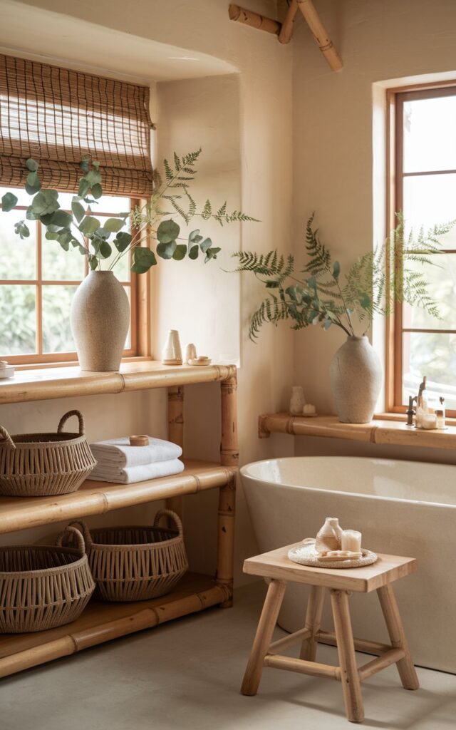 A serene farmhouse bathroom with a Balinese-inspired design. The room has a warm neutral color palette with bamboo accents and rattan details. There are woven baskets and ceramic vases with lush eucalyptus branches and delicate ferns on wooden shelves and windowsills. The room contains a freestanding tub and a teak stool. The walls are painted in warm neutrals with bamboo accents and rattan details throughout. Soft natural light filters in, highlighting the tub and the stool, creating a tranquil, spa-like vibe that blends rustic farmhouse coziness with tropical calm.