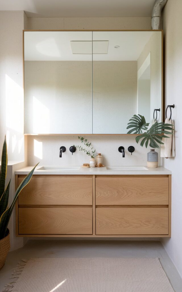 A serene modern cottagecore + Japandi bathroom with a streamlined mirror cabinet, clean lines, and a natural wood finish. The cabinet blends seamlessly into a neutral-toned wall, offering hidden storage without visual clutter. Below, a soft beige or warm oak vanity sits alongside simple ceramic decor and soft linen textures. The space balances cozy, nature-inspired charm with minimalist, functional elegance—calm, curated, and effortlessly tidy. Add a few plants, sunlight.