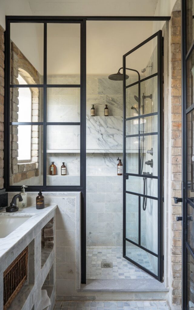 A photo of a shabby chic and art deco modern bathroom with a shower area. The shower area has a black-framed glass door. The bathroom is furnished with stone, marble, and wood accents. The lighting is soft and filtered.