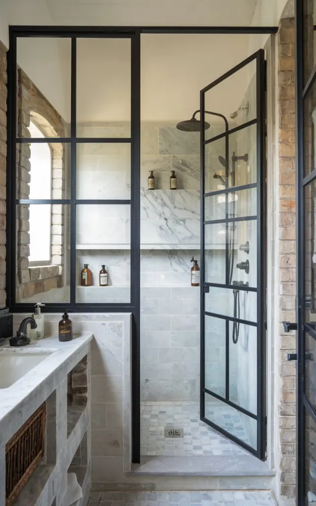 A photo of a shabby chic and art deco modern bathroom with a shower area. The shower area has a black-framed glass door. The bathroom is furnished with stone, marble, and wood accents. The lighting is soft and filtered.