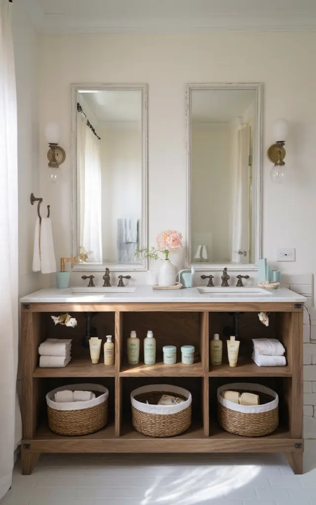 A photo of a shabby chic bathroom with a walnut wood vanity featuring open cubbies. The cubbies display neatly arranged pastel-colored toiletries and woven baskets. The walls are crisp white, and the room is illuminated by soft natural light. The decor is minimalist, with vintage-inspired accents.