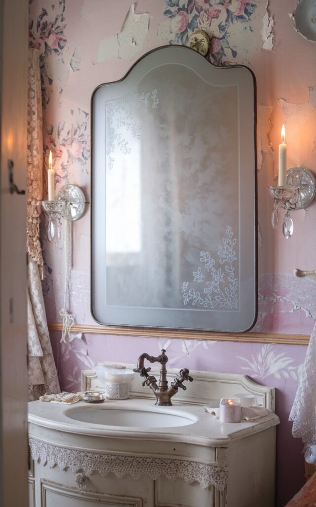 A photo of a shabby chic bathroom with a vintage-inspired frosted glass mirror featuring delicate floral etching along the edges. The mirror hangs above a distressed white vanity with an antique-style faucet and lace-trimmed linen. The room has soft pastel tones, peeling paint textures, and floral wallpaper. There are crystal knobs, candlelight, and porcelain accents. The space is subtly private and effortlessly feminine.