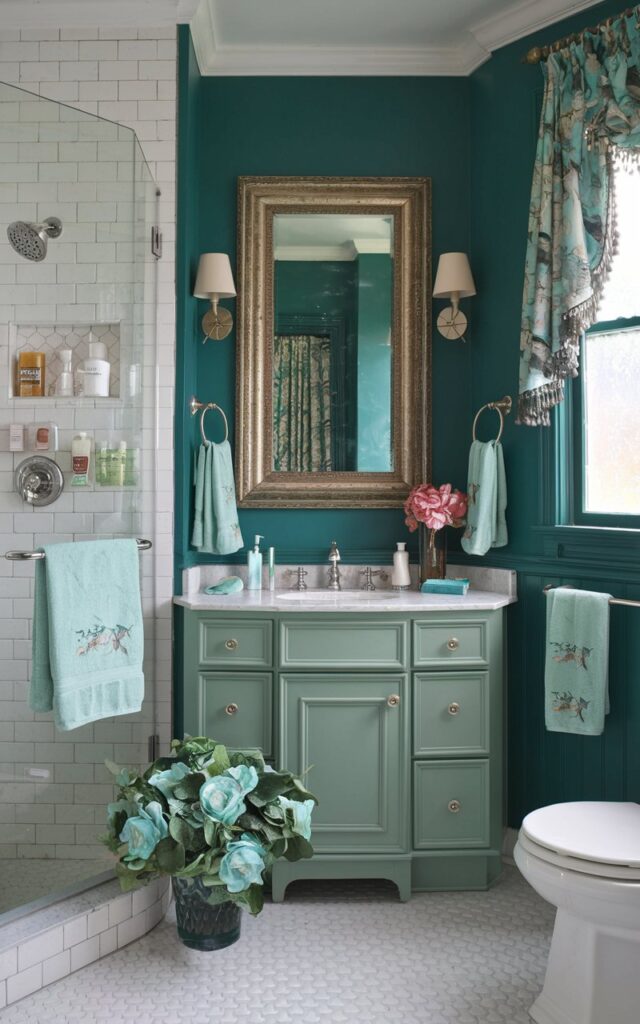 A photo of a shabby chic full bathroom with emerald green walls and a contrasting art piece. The bathroom is fully furnished with essentials such as towels, toiletries, a shower area, a toilet, a vanity with a framed mirror, a few scented candles, faux plants, a flower vase, and a curtained window. The space has a magazine-inspired look. The focus is on the emerald green walls.