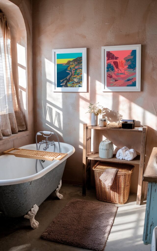 A photo of a shabby chic and rustic bathroom with a focus on the two small framed art pieces of coastal towns and hot springs. The art pieces are in bright colors. The bathroom is fully furnished and well-decorated, with a vintage clawfoot tub, a wooden shelf, and a wicker basket. There is a plush rug near the tub. The walls have a distinct textural finish. The room is illuminated by soft, ambient morning light streaming through a window.