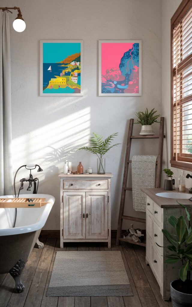 A photo of a rustic bathroom with a shabby chic style. There are two small framed art pieces of coastal towns and hot springs in bright colors on the wall. The bathroom is fully furnished and well-decorated, with a white bathtub, a vintage cabinet, a wooden ladder, and a plant. The floor is made of wooden planks. The lighting is soft and ambient, with morning light streaming in through a window.