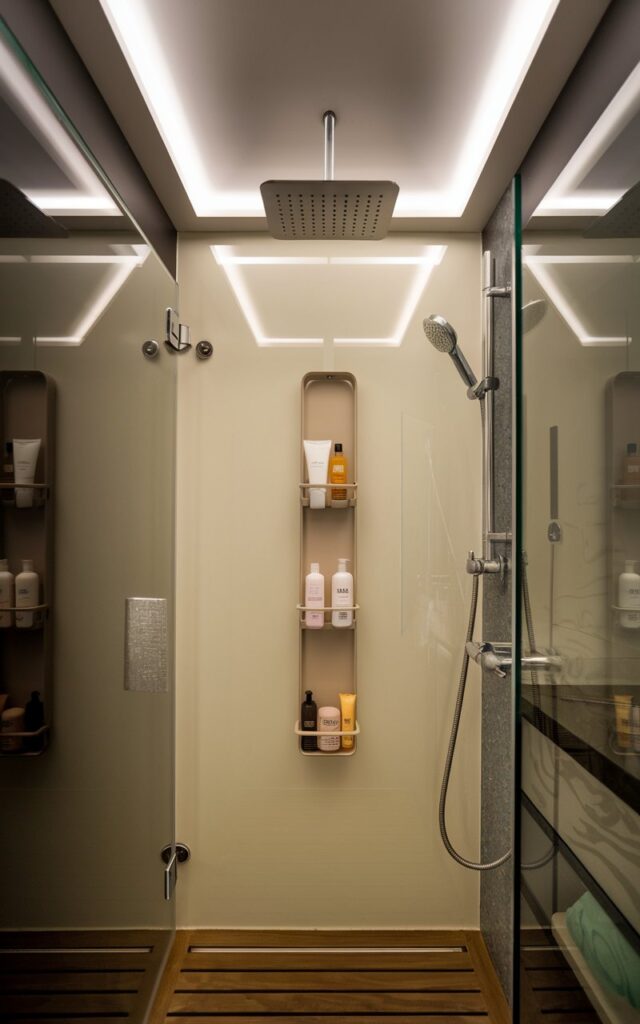 A photo of a small, Asian Zen-style bathroom with a chic design. The bathroom has a shower area with a glass door. The shower area wall has a sleek suction shower caddy filled with essential items such as shampoo, scrub, and oil. The ceiling has a recessed design with LED lights. The floor is made of wood.