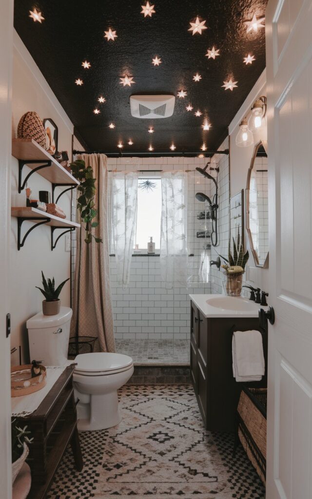 A photo of a small boho bathroom with a recessed black ceiling and star LED stickers. The bathroom is fully furnished with a toilet, vanity, open shelves, shower area, curtained window, floor rug, and a few plants and decor pieces. The only light source is the LED star light.