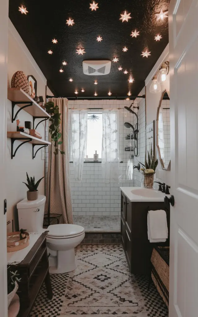 A photo of a small boho bathroom with a recessed black ceiling and star LED stickers. The bathroom is fully furnished with a toilet, vanity, open shelves, shower area, curtained window, floor rug, and a few plants and decor pieces. The only light source is the LED star light.