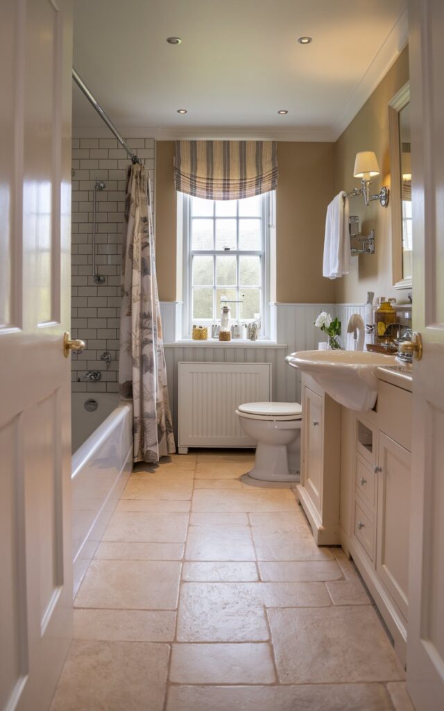 A photo of a small, English countryside full bathroom in light muted palette. The bathroom is well-furnished and well-decorated, with a bathtub, toilet, and sink. There is a window with a curtain. The walls are painted beige, and there is a white cabinet and a towel rack. The floor tiles are beige and have a slight texture. The bathroom has subtle lighting.
