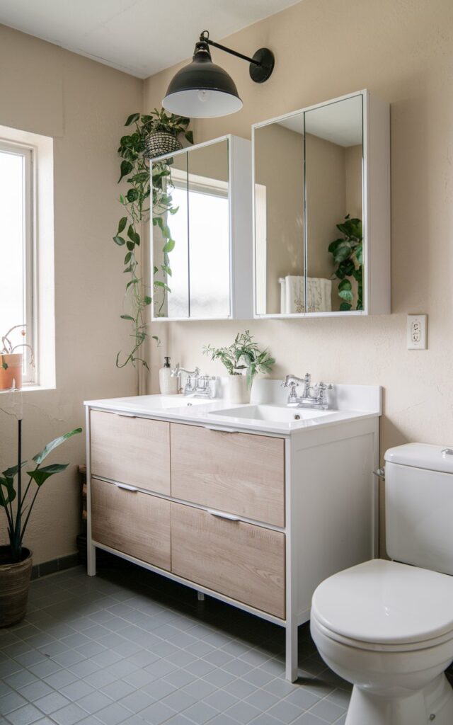 A photo of a small Japandi-style bathroom with a white vanity, a hanging lamp over the vanity, and a toilet. The vanity has two sinks and is made of wood. Above the vanity, there are two mirrored cabinets for storage and functionality. The floor is covered with gray tiles. The walls are painted in a light beige color. There are plants in the bathroom, adding a touch of nature. The room is furnished and decorated.