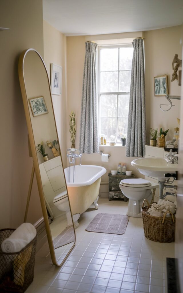 A photo of a small, charming English countryside bathroom with a tall, sleek full-size mirror placed against a wall. The bathroom is fully furnished and well decorated, with a white bathtub, a toilet, a sink, and a few decorative items. There is a window with a curtain. The floor is tiled. The room has soft, filtered natural light.