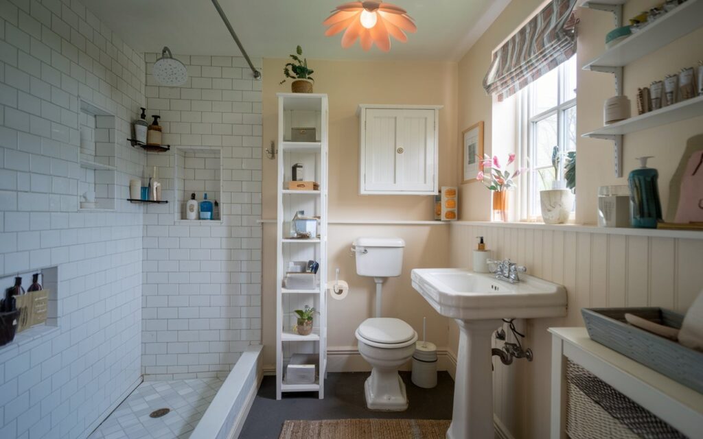 A photo of a small, charming English countryside bathroom that uses maximum space for storage and style. The bathroom has a slim, tall corner shelf, a wall-mounted vanity, a toilet, recessed shelves in the shower area, storage above the toilet, and a pedestal sink. The space looks decluttered and organized. The bathroom is fully furnished and well decorated. The ceiling has a flower-shaped pendant light, and the floor has a rug.