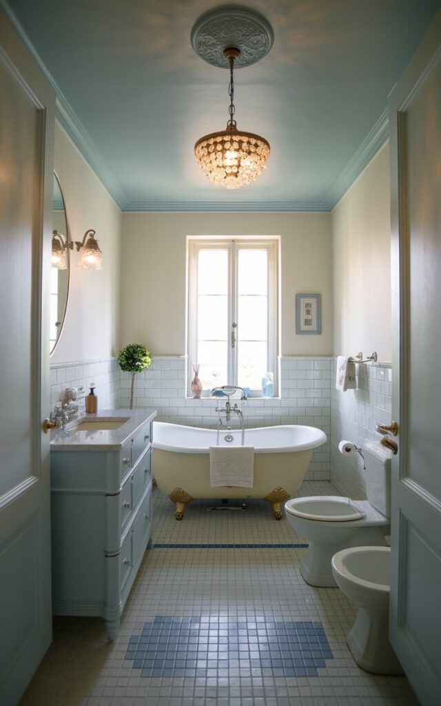 A photo of a small French country-style bathroom with a pale blue ceiling and a crystal pendant light. The light is on, casting a soft glow over the room. The bathroom is fully furnished, with a freestanding bathtub, a vanity with a sink, and a toilet. There is a small plant near the bathtub. The floor is tiled with white and blue squares. The walls are painted white.