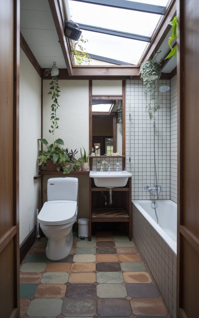 A photo of a small, Japandi-style bathroom with a large-format tile floor. There is a toilet, a vanity with a sink, and a bathtub. The room has a few plants and a skylight ceiling.