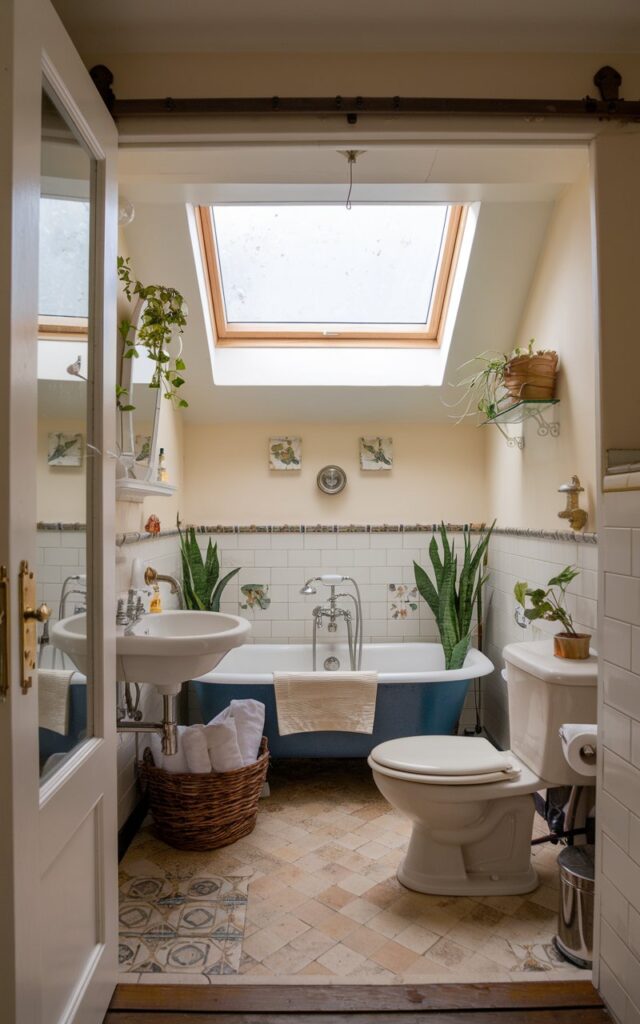 A photo of a small, charming, and fully-furnished English country bathroom having skylight ceiling that provides soft, ambient natural light. The bathroom contains a vintage bathtub, a sink with a classic faucet, and a toilet. There is a basket of towels near the bathtub. The walls are adorned with decorative tiles. The floor is made of tiles. The room has a few plants.