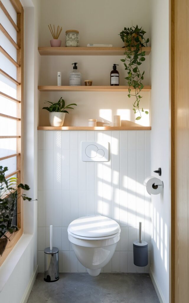 A photo of a small, charming, and fully-furnished Japandi style bathroom with a compact, wall-mounted toilet. There is a floating shelf with essentials above the toilet. Soft, ambient natural light illuminates the space.