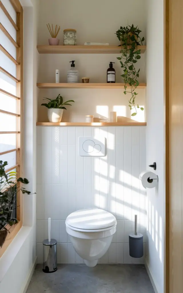 A photo of a small, charming, and fully-furnished Japandi style bathroom with a compact, wall-mounted toilet. There is a floating shelf with essentials above the toilet. Soft, ambient natural light illuminates the space.
