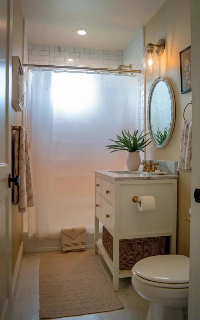 A photo of a small, charming, fully-furnished Transitional style bathroom with a shower area. The bathroom has a frosted shower curtain and a white vanity with a marble top. There is a basket and a plant on the vanity. The floor is covered with a beige rug. The walls are adorned with a few decorative items. The lighting is warm.