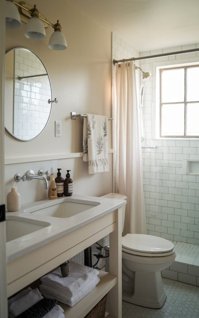 A photo of a small farmhouse with a chic full bathroom. The bathroom has a wall-mounted faucet (sink) to save space. The vanity has essential items such as a soap dispenser, a toothbrush holder, and a towel rack. The bathroom has a toilet, a shower area, and a curtained window. The natural light is soft and ambient.