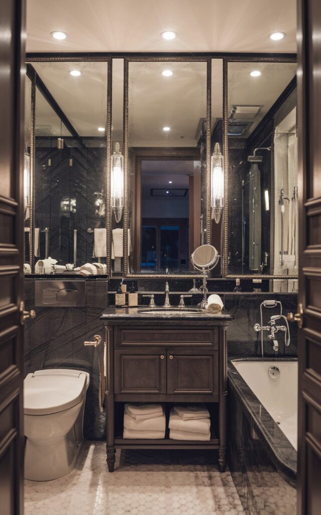 A small glam full bathroom with a wall-to-wall mirror. The bathroom has a toilet, vanity, and bathtub. The space looks luxe and organized. The lights are dimmed.