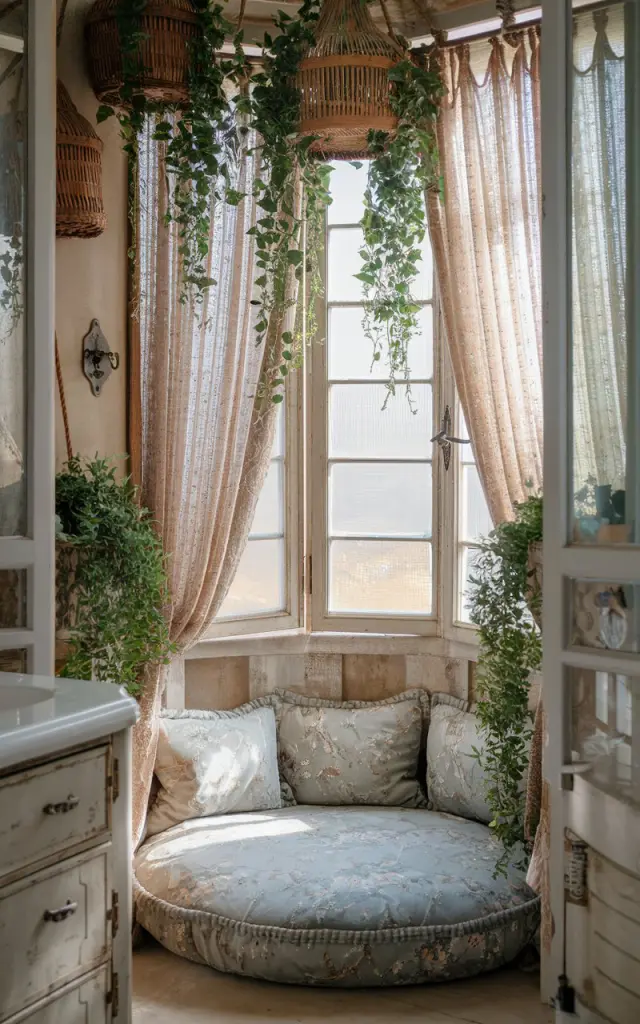 A photo of a sunlit bathroom corner with a plush floor cushion in a muted floral fabric. The cushion is placed beneath a vintage-style window with gauzy curtains. Hanging plants, such as ivy or string-of-pearls, cascade from the ceiling in woven baskets. The space has antique-inspired touches, distressed wood accents, and a relaxed boho charm with a French country elegance. The bathroom also contains a vanity.