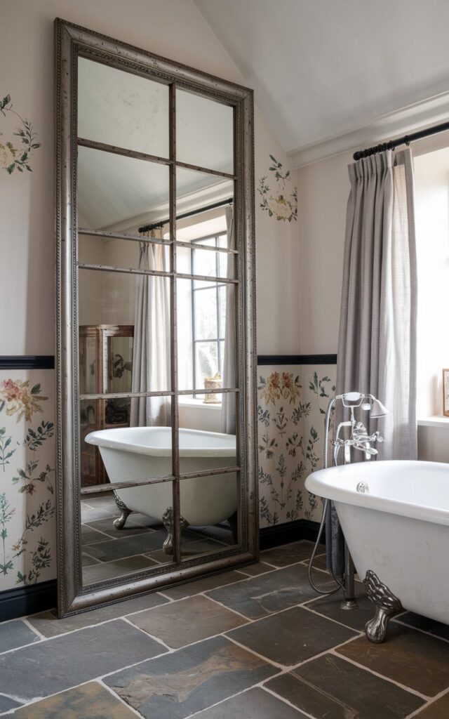 A photo of a modern English country bathroom with a striking floor-to-ceiling mirror. The mirror is framed in aged bronze and is placed above a freestanding tub. The bathroom has a stone tile floor and features vintage floral accents. The room is illuminated by natural light from a nearby window with linen curtains. The overall mood is elegant, open, and grounded in pastoral luxury.