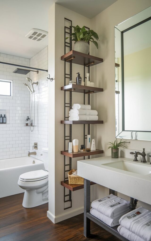 A photo of a well-decorated and organized bathroom with a Balinese touch. There is a tall, slim wall-mounted shelving unit in the corner, filled with towels, skincare products, and a plant. The shelf is easily accessible and stylish. The bathroom has a white tub, a separate shower area, and a toilet. There is also a white sink with a faucet and a mirror above it. The floor is made of dark wood.