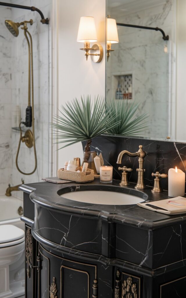 A photo of a traditional bathroom with a grand black marble vanity with grey veins and a brushed brass tap. The vanity contains beauty essentials in a small basket, a candle, a faux plant, and other items. The bathroom also has a shower area. Wall scones provide light. The focus is on the black marble vanity.