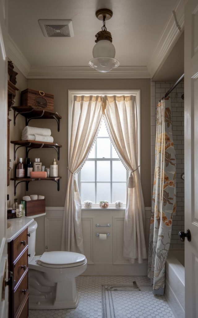 A photo of a traditional bathroom with a few open shelves nearby for easy access to towels, toiletries, and decor. The bathroom has a toilet, shower area, curtained window, and a vintage pendant light. The ceiling is recessed and has a light fixture. The natural light is filtered through the window.