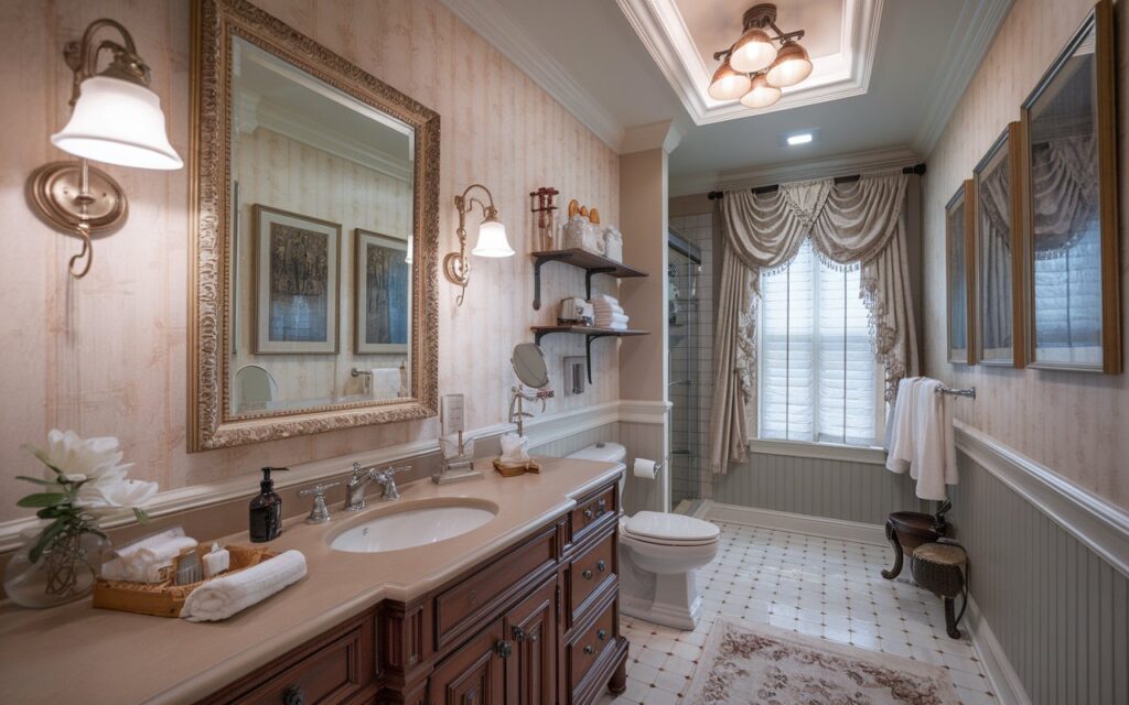 A photo of a traditional bathroom with a full-furnished, well-decorated vanity. The vanity has a framed mirror and wall sconces with lights on. The bathroom contains a toilet, shower area, and open shelves. The walls have wallpaper and wall art. There is a recessed ceiling with a cluster pendant light that is on. The floor is tiled and has a rug. There is a curtained window. The natural light is soft and even.