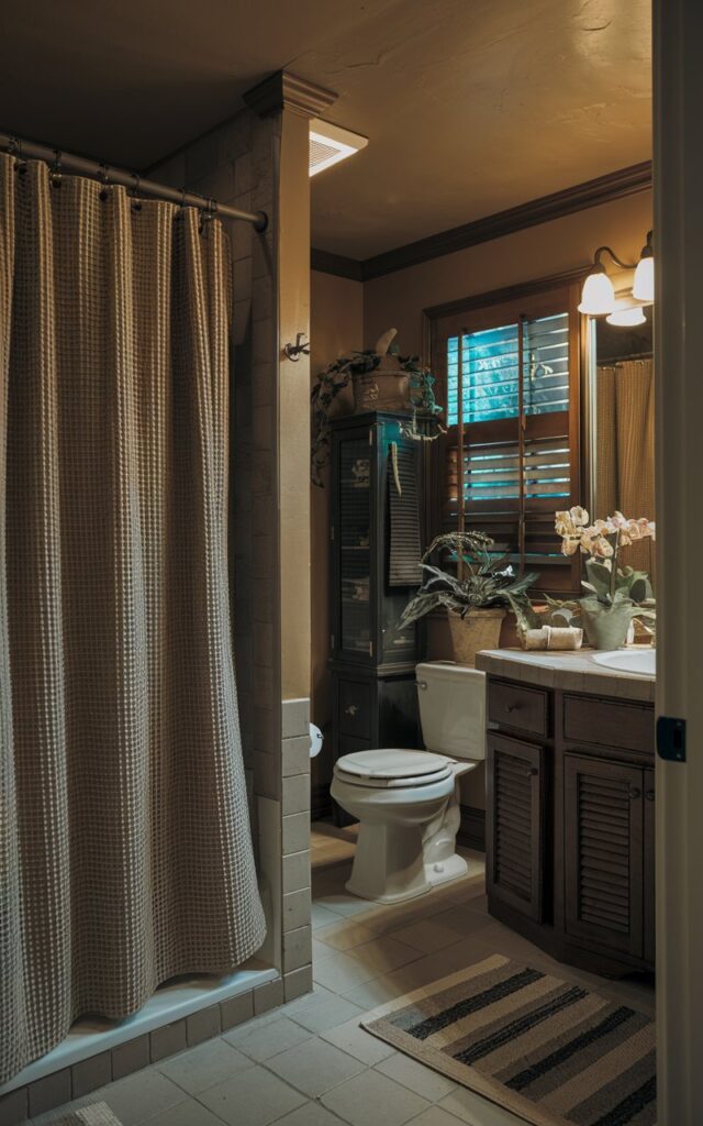 A photo of a traditional full bathroom with a shower area. The shower area has a textured waffle-weave curtain. The bathroom is fully furnished with a toilet, a sink, and a cabinet. There is a potted plant near the sink. The room has a mood lighting with warm tones. The floor is tiled.