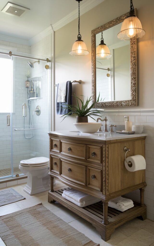 A photo of a bathroom with a traditional wooden vanity. The vanity has a white marble top and holds a bowl, a soap dish, a toothbrush holder, and a potted plant. The vanity is placed beside a mirror, which has a decorative frame. There are pendant lights above the vanity, and the lights are on. The bathroom has a toilet, a shower area with a glass door, and a rug. The walls and floor are tiled.