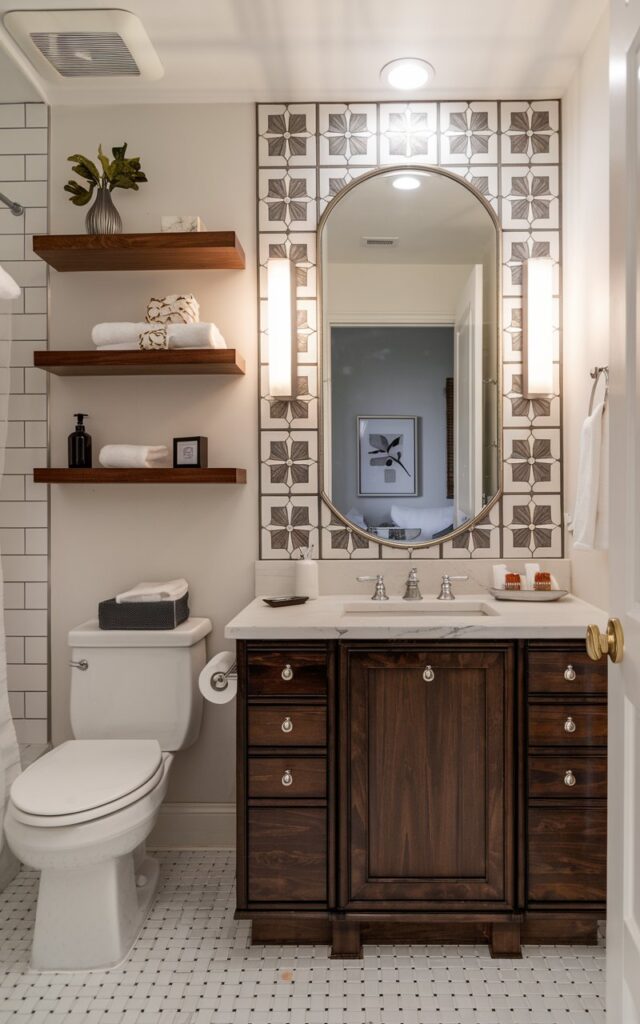 A transitional + art deco bathroom with a mirror having a decorative accent tile border above the fully furnished vanity. The bathroom also has a toilet, open shelves, dimmable lights, and a tile floor.