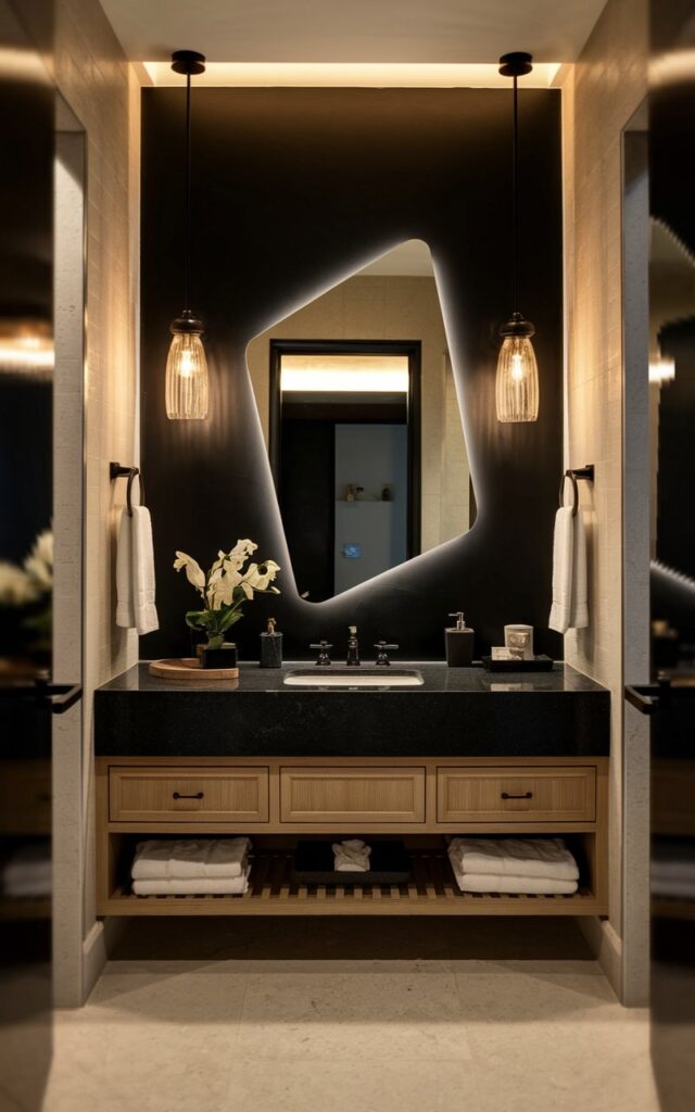 A photo of a transitional bathroom with a black feature wall and an irregular backlit LED mirror above a vanity. The bathroom and vanity are fully furnished with essentials and functional elements. The room has a warm hue due to the lighting. The floor is covered with a beige tile.