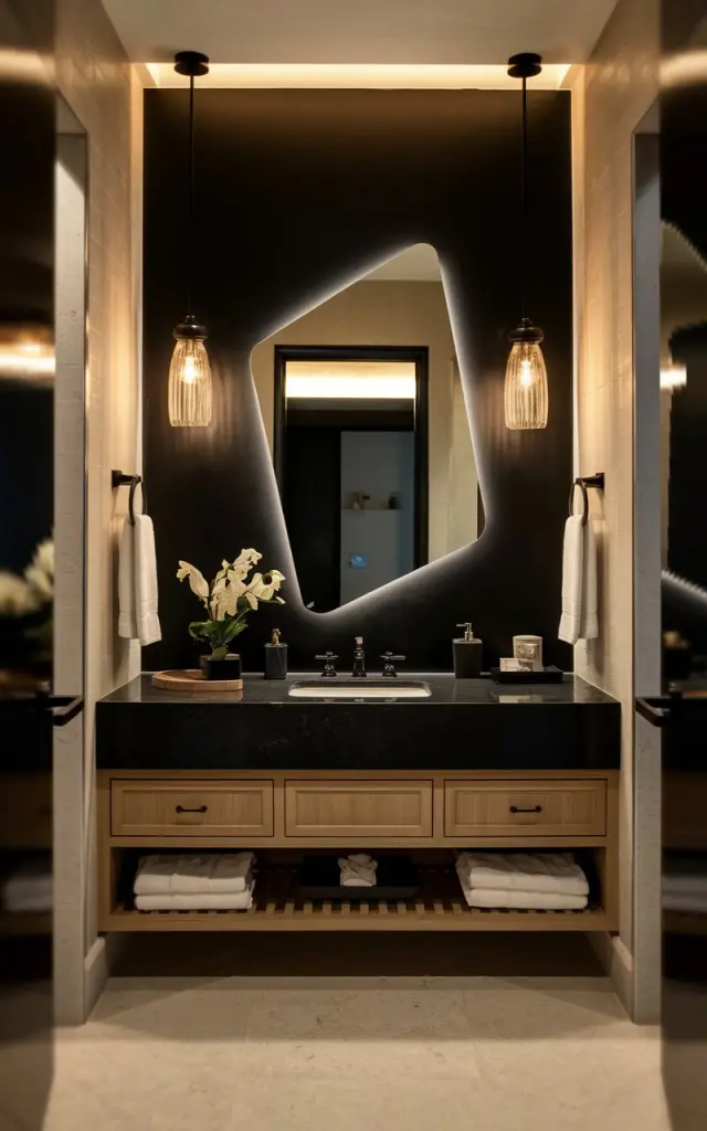 A photo of a transitional bathroom with a black feature wall and an irregular backlit LED mirror above a vanity. The bathroom and vanity are fully furnished with essentials and functional elements. The room has a warm hue due to the lighting. The floor is covered with a beige tile.