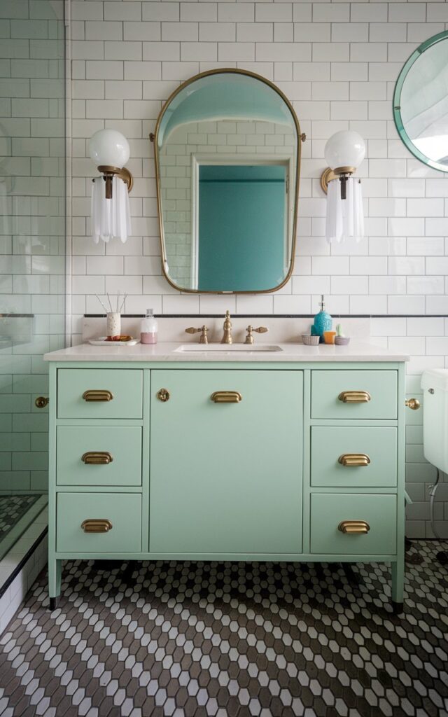 A photo of a transitional bathroom with a retro flair. There is a pastel mint green vanity with clean, shaker-style drawers and brass hardware. The vanity sits atop classic black-and-white checkered tile flooring. A rounded vintage mirror and globe sconces add a nostalgic touch. The overall design blends modern simplicity with retro charm.