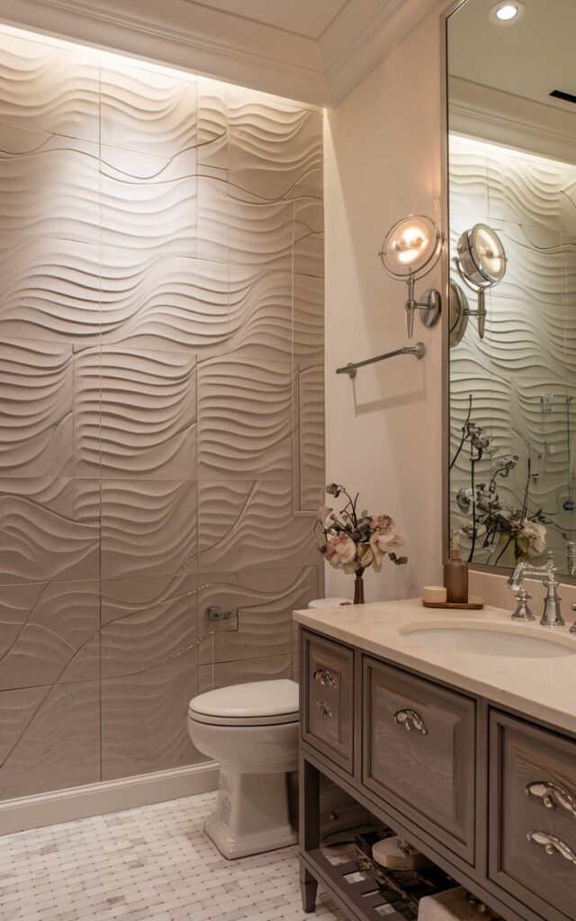 A close-up shot of a transitional chic bathroom with a wavy tile wall texture. The bathroom has a toilet and a fully furnished vanity. The wavy textured wall is in the background. The room has a white tile floor and a white toilet. The vanity has a white countertop and a mirror. There are also a few accessories on the vanity. The lighting is warm.