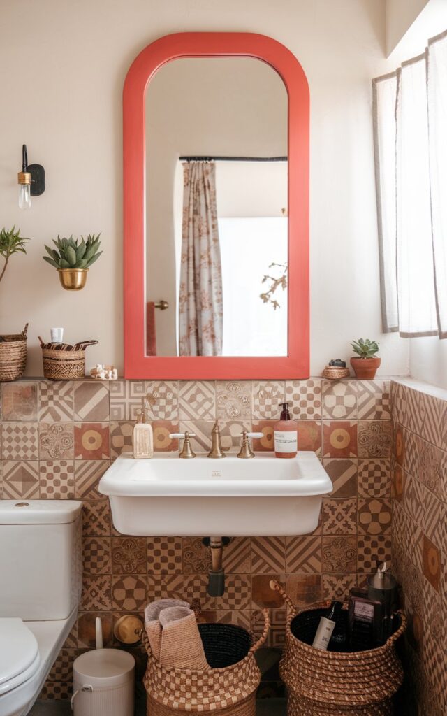 A photo of a boho-modern bathroom with a large mirror and a coral-red painted frame. The mirror hangs above a white sink and is surrounded by playful patterned tiles in warm earthy tones. The bathroom also contains brass fixtures, woven baskets with essentials, small plants, a toilet, and a curtained window. The mirror frame adds a joyful burst of personality to the otherwise neutral space, making it feel like a piece of art.