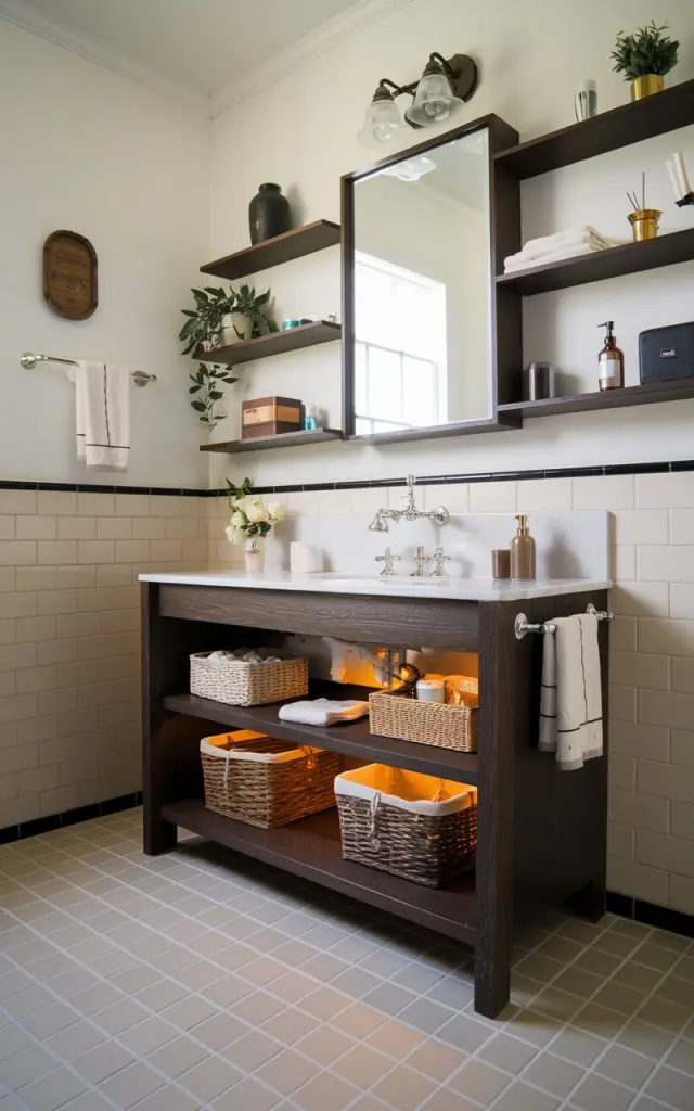 A photo of a vintage bathroom with a dark oak vanity. The vanity has open shelving below it with LED lights. There are baskets and essential items placed on the shelves. The floor is tiled with beige and white squares. The wall has a few decorative items, including a plant.