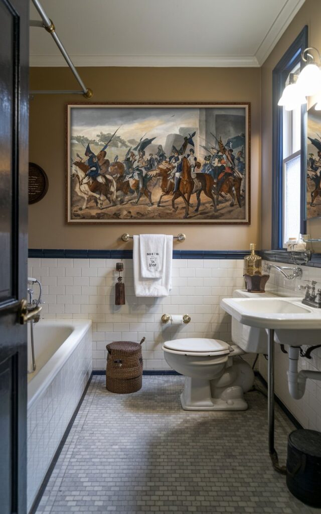 A photo of a vintage bathroom with a rectangular framed art of a historical event on the wall. The bathroom is fully furnished and organised, with a bathtub, sink, toilet, and a few decorative items. The art on the wall depicts a battle scene with soldiers on horses and on foot. The bathroom has a tile floor and the walls are painted beige. There is a window near the bathtub.