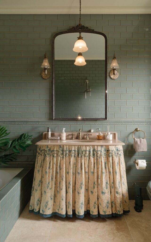 A photo of a vintage chic bathroom with a vanity having a decorative vintage skirt. The vanity and bathroom are fully furnished. There is a pendant light hanging above the vanity. The floor is made of beige tiles. The walls are adorned with green tiles. There is a potted plant near the vanity.