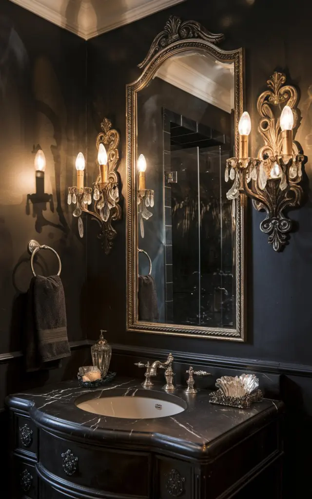 A photo of a vintage glam moody bathroom with a rich, velvety black wall paint. The bathroom is illuminated by ornate wrought-iron sconces flanking a gilded mirror. There is a marble-top vanity and crystal accents in the bathroom. The soft, golden light from the sconces casts dramatic shadows, enhancing the old-Hollywood-meets-Gothic-luxury vibe. The vanity and bathroom are fully furnished.