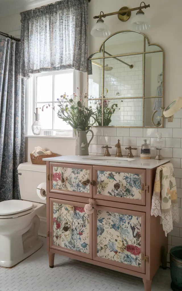 A photo of a vintage-style bathroom with a vanity. The vanity has a cabinet with faux leather or floral fabric cabinet fronts. The pattern is a mix of boho texture and English country charm. The vanity sits beneath a dainty mirror with brass accents. The bathroom contains a toilet, a curtained window, and a shower area. There are wildflowers in a ceramic jug, lace-trimmed linens, and a hint of playful eclecticism in the space.