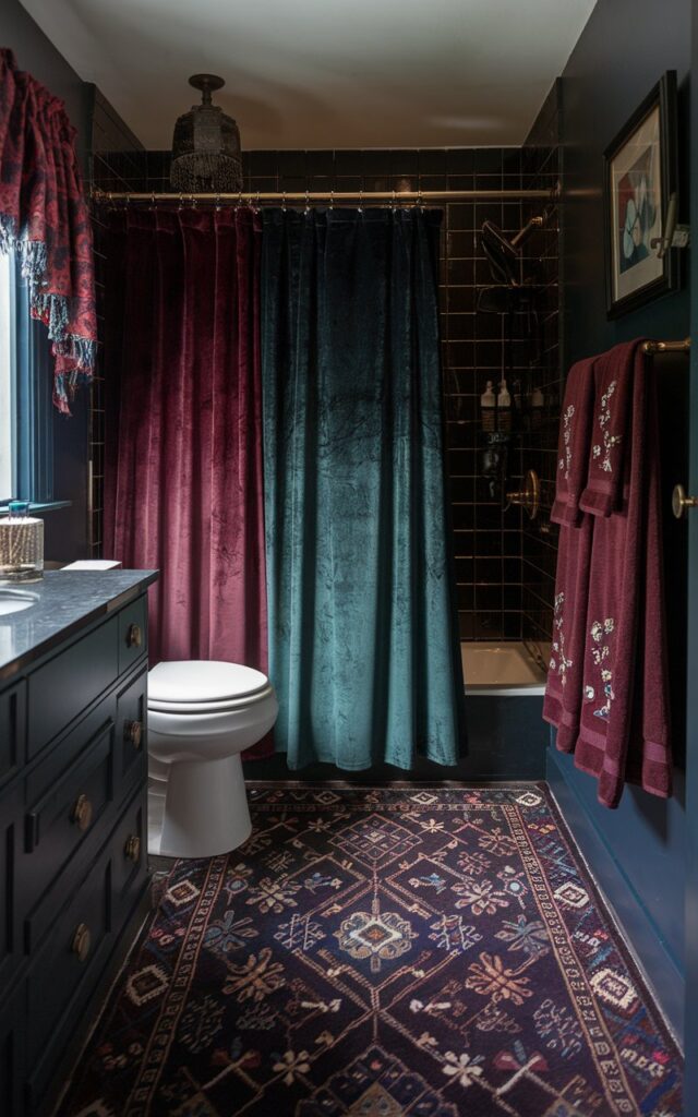 A vintage-style moody bathroom with plush textiles in deep jewel tones like emerald, burgundy, and navy. Velvet shower curtains, thick patterned rugs, and embroidered towels on towel rack add warmth and richness. The bathroom has a vanity, toilet, shower area, curtained window, and other accessories.