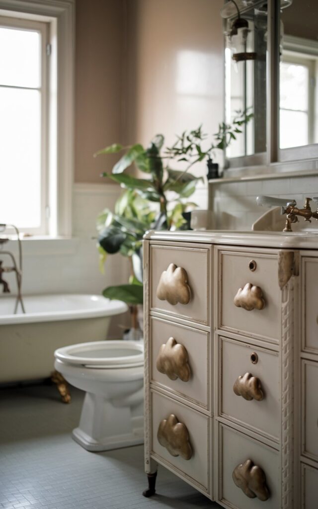 A photo of a vintage Gustavian-style bathroom with a vanity. The vanity has a few cloud-shaped knobs in a brushed gold finish. The bathroom is fully furnished, with a bathtub, toilet, and sink. There is a potted plant near the bathtub. The room has soft, ambient natural light.
